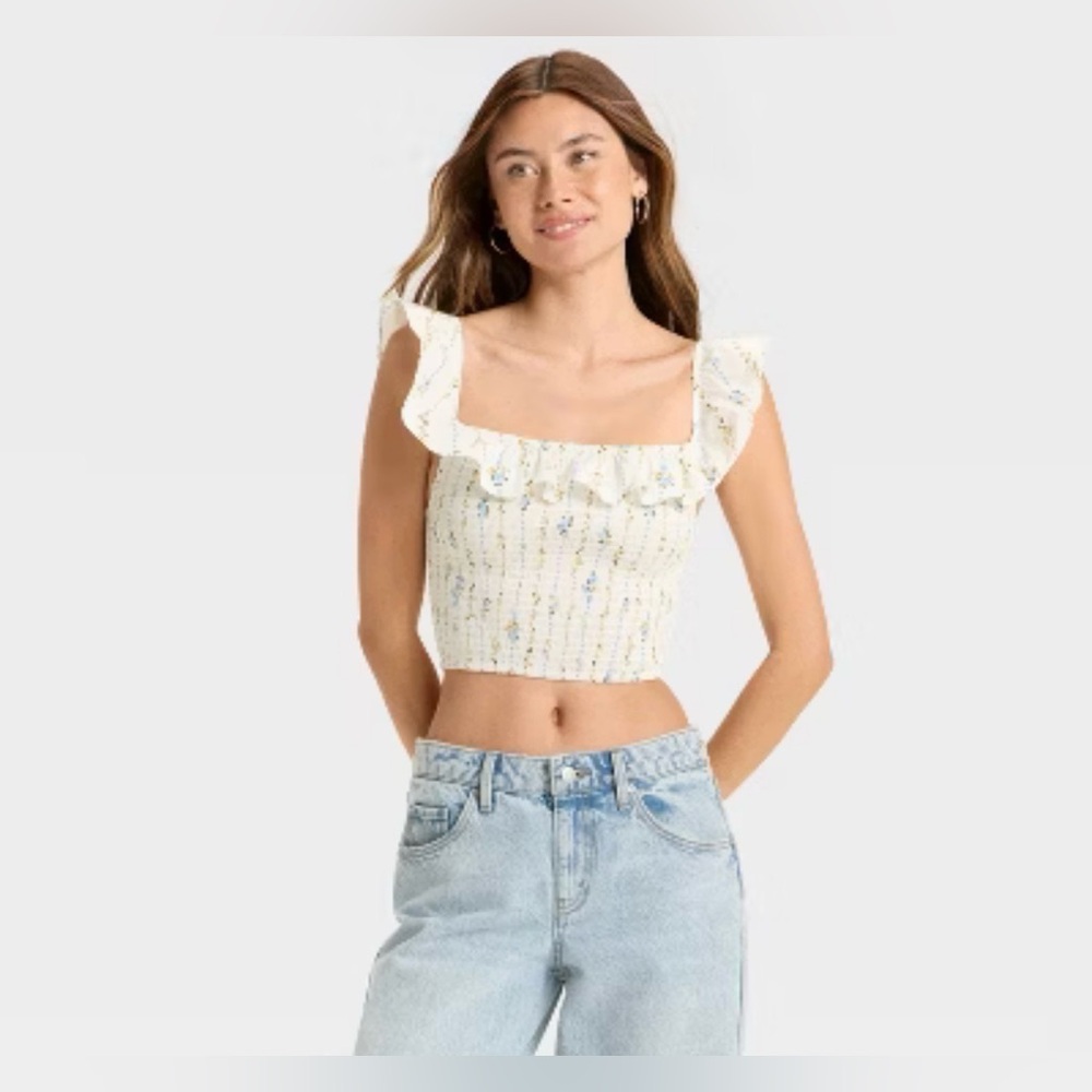 wild fable Cream Floral Smocked Ruffle Crop Top